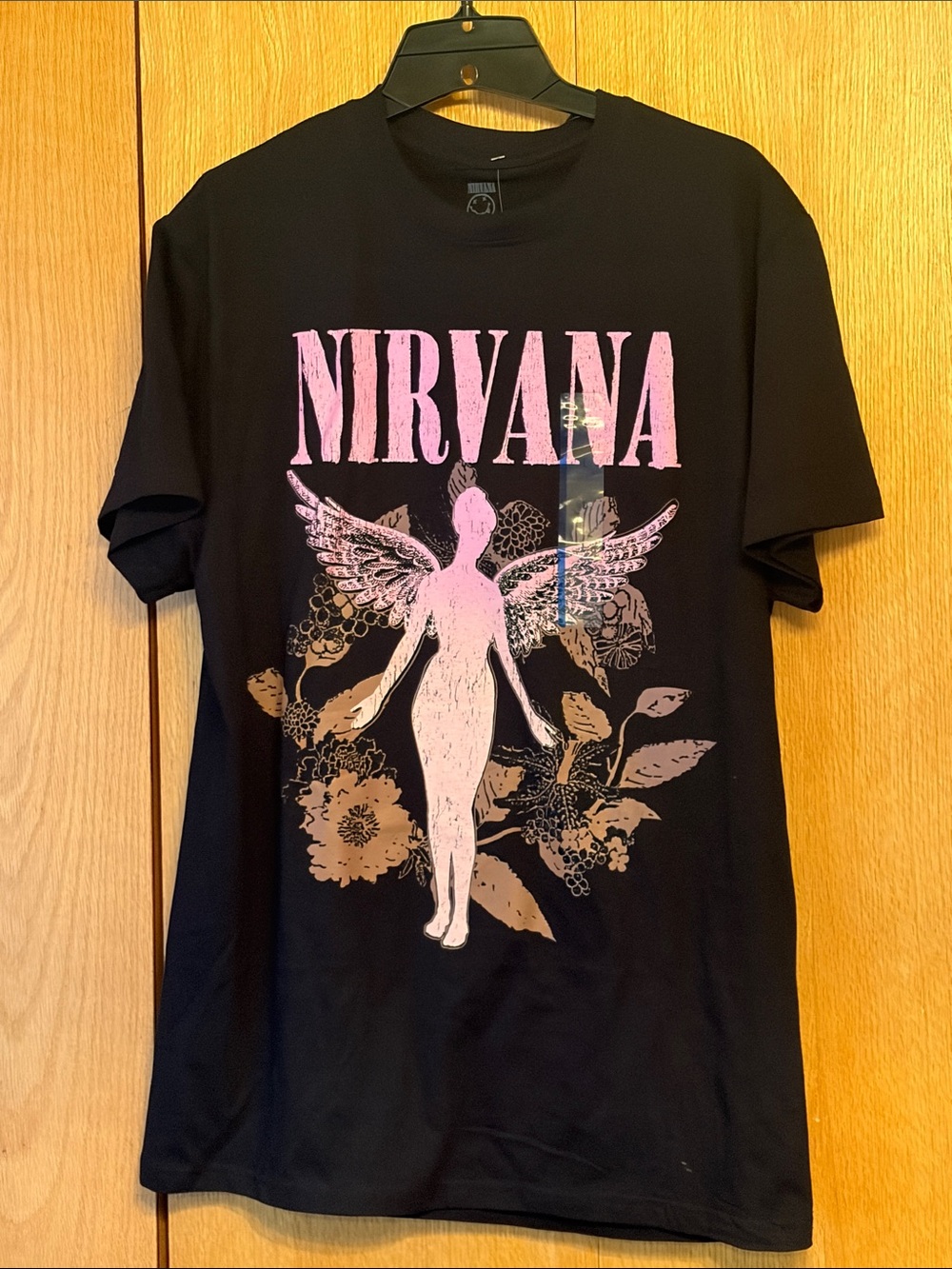 NEW Nirvana in utero LARGE black graphic tee shirt pink winged sprite tan flower